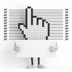 Aufkleber - Pixel Hand Cursor Mascot Person Character with Identification Plate in front of Police Lineup or Mugshot Background. 3d Rendering