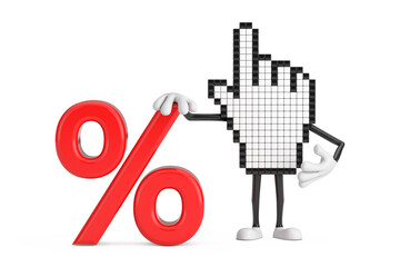 Poster - Pixel Hand Cursor Mascot Person Character with Red Retail Percent Sale or Discount Sign. 3d Rendering