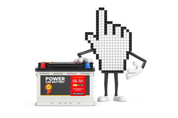 Poster - Pixel Hand Cursor Mascot Person Character and Rechargeable Car Battery 12V Accumulator with Abstract Label. 3d Rendering