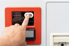 Close Up Hand A Man Press The Button Of Water Vending Machines. Select The Desired Product And Complete The Payment,automated Vending Technology