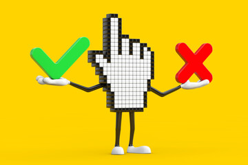 Aufkleber - Pixel Hand Cursor Mascot Person Character with Red Cross and Green Check Mark, Confirm or Deny, Yes or No Icon Sign. 3d Rendering
