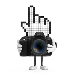 Poster - Pixel Hand Cursor Mascot Person Character with Modern Digital Photo Camera. 3d Rendering