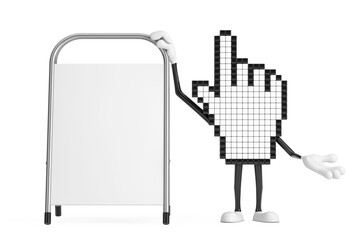 Fototapete - Pixel Hand Cursor Mascot Person Character with White Blank Advertising Promotion Stand. 3d Rendering