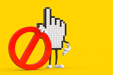Leinwandbilder - Pixel Hand Cursor Mascot Person Character with Red Prohibition or Forbidden Sign. 3d Rendering