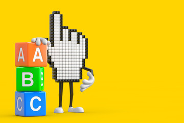 Leinwandbilder - Pixel Hand Cursor Mascot Person Character with Alphabet ABC Education Cubes. 3d Rendering