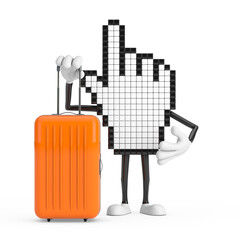 Fototapete - Pixel Hand Cursor Mascot Person Character with Orange Travel Suitcase. 3d Rendering