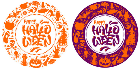 Happy Halloween circle frame set. Holiday pattern with calligraphy lettering, pumpkin, ghost, bat, witch hat and cauldron and other. Isolated on white and violet background. Vector illustration