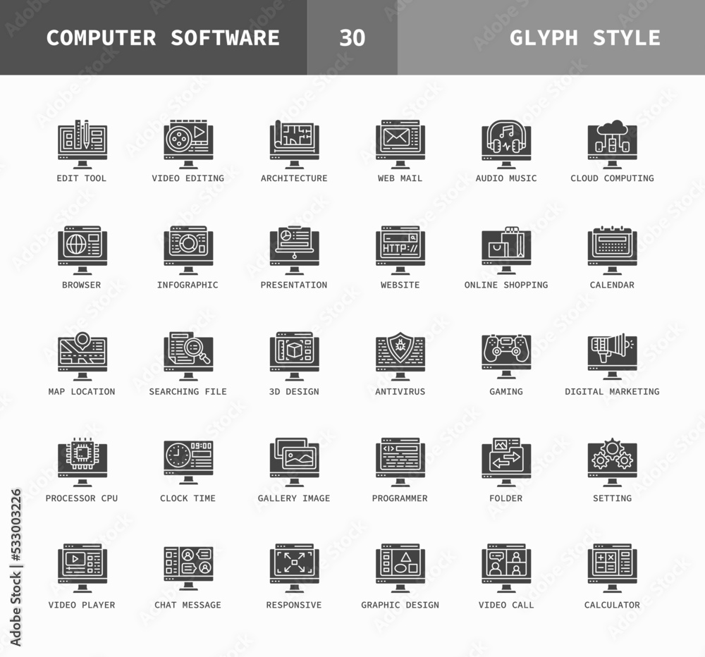 Software Computer glyph icons. Set of coding, website, video player ...