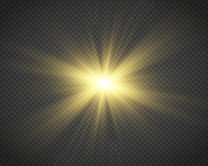 Poster - Flare with golden rays of light and magic sparkles. Bright star spark. Abstract yellow rays will raise. Transparent glitter gradient gloss, bright flash. Gold shining sun with sparkle rays. Vector.	