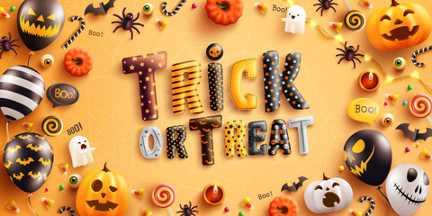 Wall Mural - Halloween Trick or Treat Poster with Halloween Ghost Balloons and Pumpkin.Scary air balloons,candy and Halloween Elements on yellow background.Website spooky,Background or banner Halloween template.