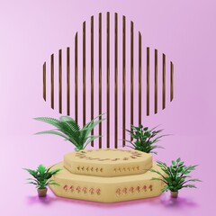 Podium product display stage with octagonal shape home plant and gold ornament in 3d rendering
