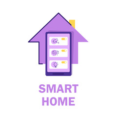 Wall Mural - smart home app with control system, eco house on the background and family posing, technology and li