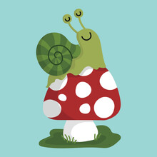Cute Smiling Snail On A Mushroom, Autumn Illustration