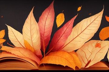 Sticker - Beautiful autumn composition with books and leaves on black background , anime style