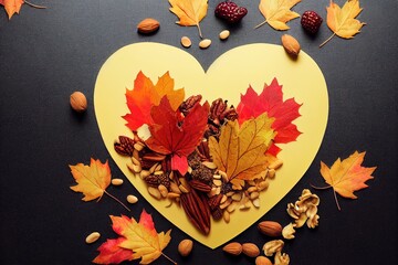 Heart shaped Autumn chalkboard frame, leaves, flowers, berries, grain and nuts Thanksgiving and Halloween vivid nature composition with natural flora On yellow background Flat lay , anime style