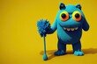 3d render shaggy cartoon character furry scary halloween monster hairy beast walking Unknown blue funny toy isolated on yellow background, Anime Style