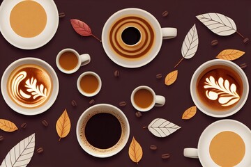 Canvas Print - Flat lay composition with colorful Autumn cup of coffee and leaves on a color background top view , anime style