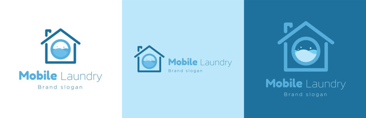 Wall Mural - Laundry business logo design set, clothing washing service symbol, mobile wash machine emblem concept, textile cleaning store editable commercial logotype, isolated on background