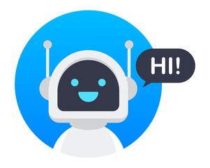 Chat Bot Using Laptop Computer, Robot Virtual Assistance Of Website Or Mobile Applications. Voice support service bot. Online support bot.  illustration.