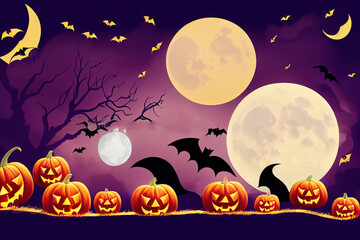 Sticker - halloween background with bats and moon. witch with bromstick. halloween background for banner, greeting card halloween celebration, halloween party poster. Raster Illustration.