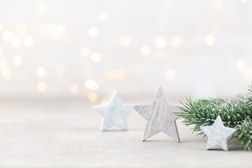christmas background with fir branches, decor on bohek background.