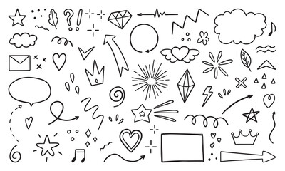 Wall Mural - hand drawn set of abstract doodle elements. arrows, heart, star, crown, signs and symbols in sketch 