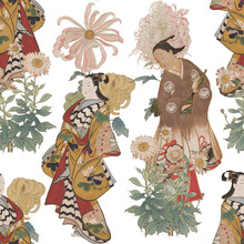 Oriental Vintage Pattern With Asian Women In Kimono With Chryzantems Flowers And Authentic Things