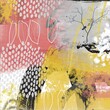 Abstract painterly nature scene in pink and yellow with tree and bird
