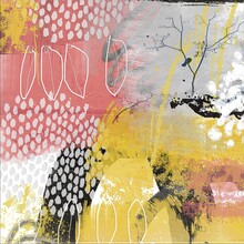 Abstract Painterly Nature Scene In Pink And Yellow With Tree And Bird
