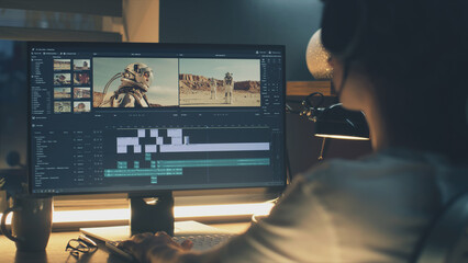 Wall Mural - guy in headphones editing video with astronauts for space blog in professional program while working