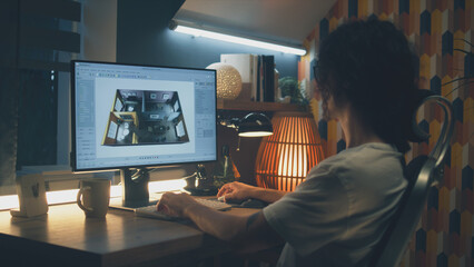 Wall Mural - male young designer making 3d visualization of house interior in professional program using pc while