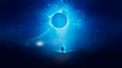 Wall Mural - A science fiction concept of man looking at a glowing portal in the night sky, with a universe of stars.