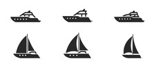 Motor And Sailing Yachts Icon Set. Luxury Boats For Sea Tourism And Travel