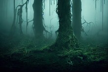 Generative AI A Beautiful And Eerie Green Swamp Environment. Digital 3D Illustration Made To Look Like Photography With No Reference