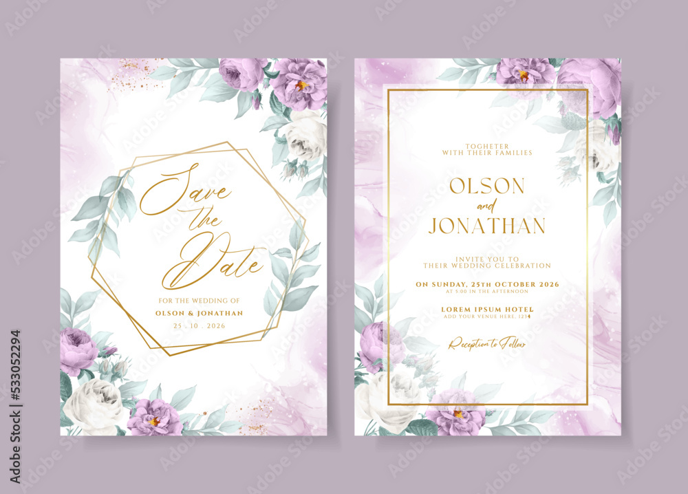 Beautiful floral wedding invitation template set with purple roses and ...
