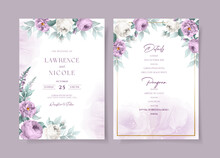 Beautiful Floral Wedding Invitation Template Set With Purple Roses And Leaves Decoration