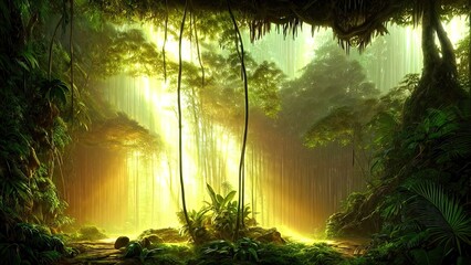 Magical dark fairy tale forest, neon sunset, rays of light through the trees. Fantasy forest landscape. Unreal world, moss. 3D illustration.