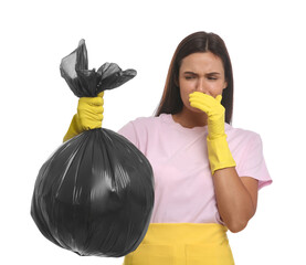 Sticker - Woman holding full garbage bag on white background