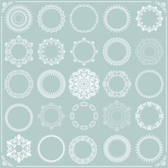 Vintage set of round white elements. Different elements for design frames, cards, menus, backgrounds and monograms. Classic patterns. Set of vintage patterns