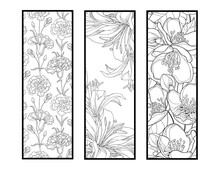 Set Of Three Coloring Bookmarks In Black And White. Doodles Flowers Adult Coloring Bookmark. 