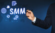 © New Africa - Social media marketing concept. Man using virtual icon SMM against color background, closeup
