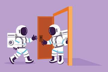 Wall Mural - Character flat drawing young astronaut at the door welcomes his friend in in moon surface. Spaceman inviting his friend to his house. Cosmonaut outer space concept. Cartoon design vector illustration