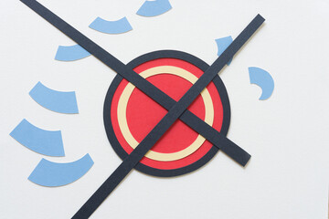 Sticker - red paper circle with paper rings and two black paper lines with abstract blue paper shapes