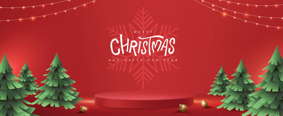 Wall Mural - merry christmas banner with product display cylindrical shape and christmas tree paper cut style