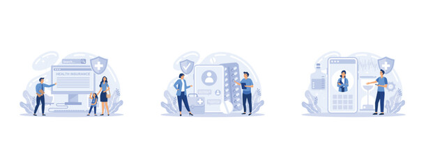 Health insurance concept set. People and doctor standing at the big clipboard with document on it. Healthcare and medical service, set flat vector modern illustration