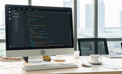 Software development programming on computer screen for modish application and program coding