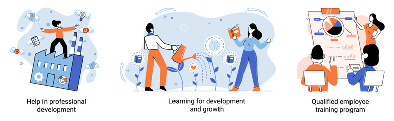 Help in professional development. Qualified employee training program. Learning for software development and growth. Agile project management devOps team, project life scrum meeting. Creative metaphor