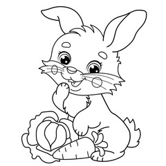 Sticker - Coloring Page Outline Of cartoon cute bunny or rabbit with carrot and cabbage. Animals. Coloring Book for kids.