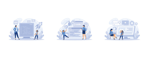 Wall Mural - it education web banner or landing page set. student write software and create code for computer. di