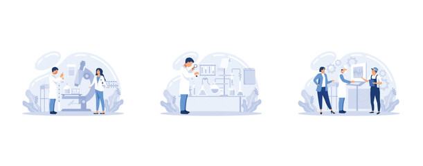 Medical research, laboratory diagnostic services, medical device design and development vector set. Bio technology and science, chemical engineering, laboratory equipment, set flat vector modern illus